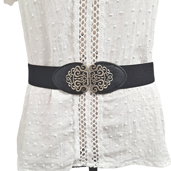 Boutique Accessories - Black gold floral buckle faux leather corset boho stretch waist statement belt
